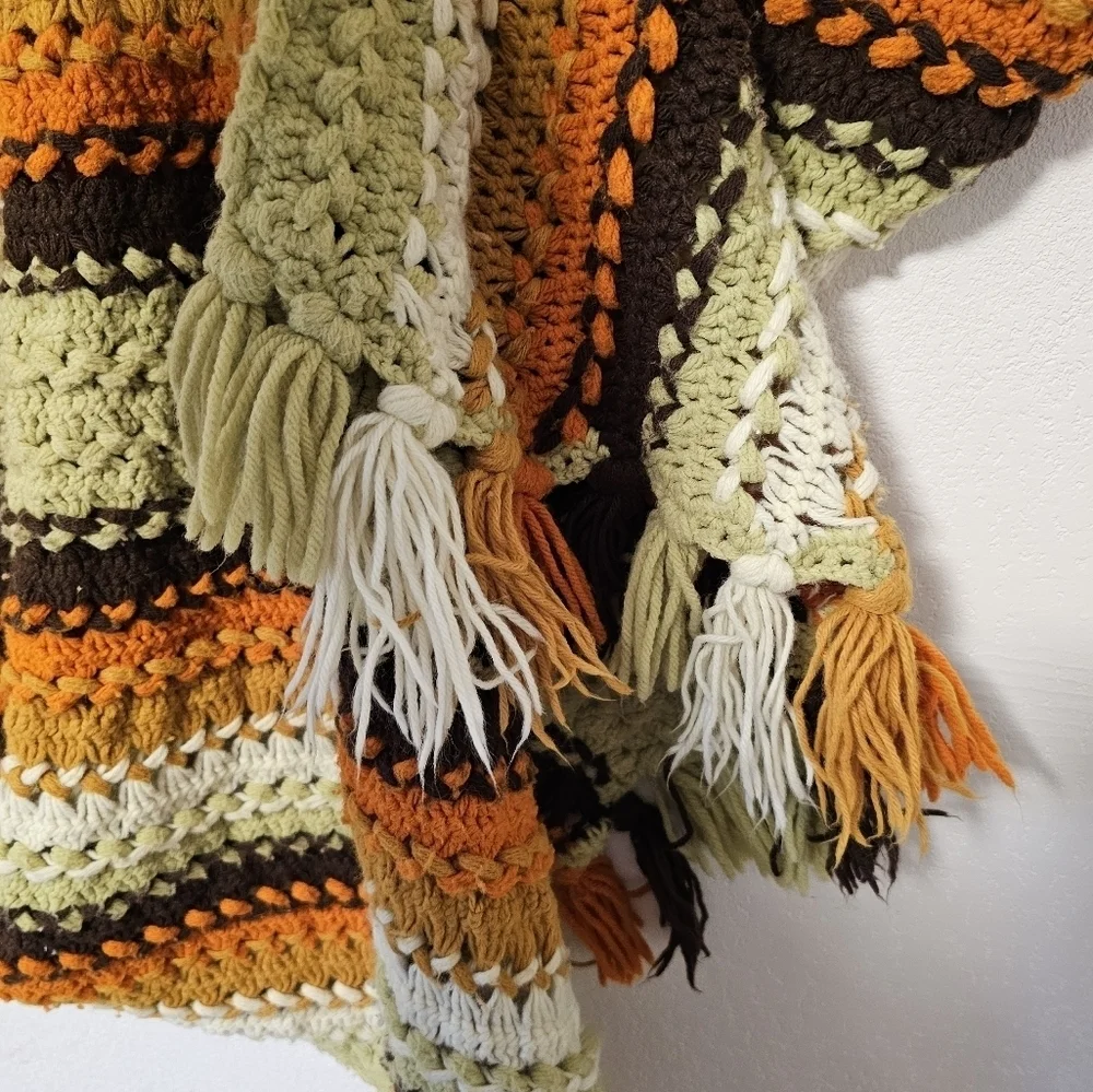 Homemade Green, Orange, Brown colored afghan crocheted blanket approx 36